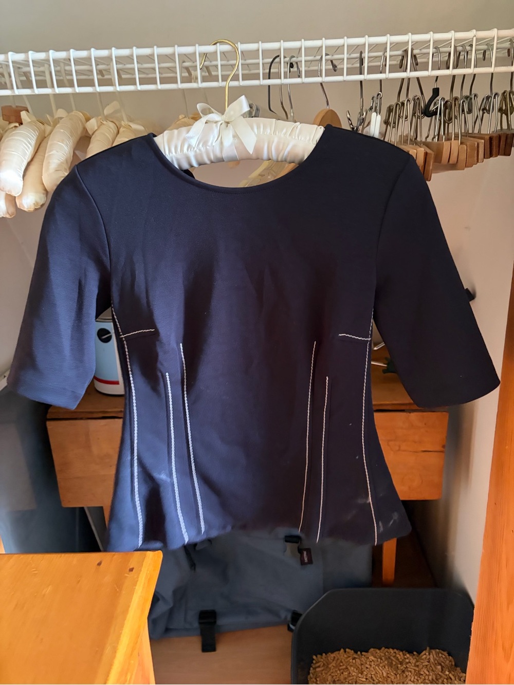 Ann Taylor Navy Short-Sleeve Peplum Top with Contrast Stitching